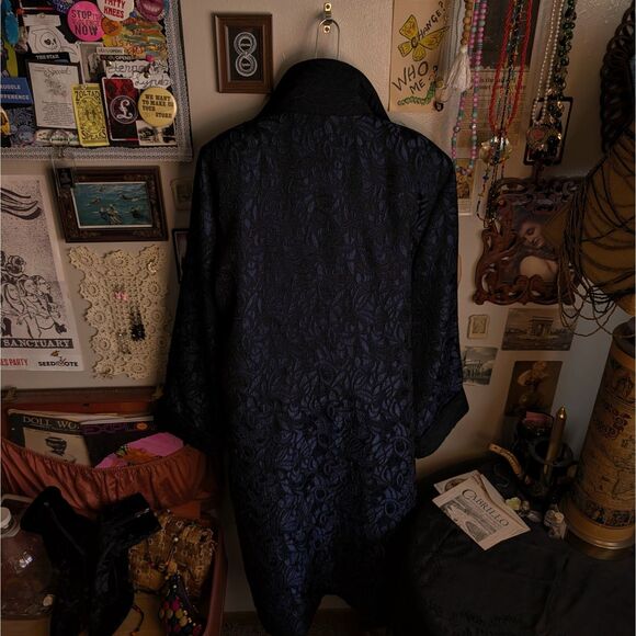 Vintage Embroidered Brocade Print Duster Jacket Women's XL Navy Blue Black - Picture 3 of 5